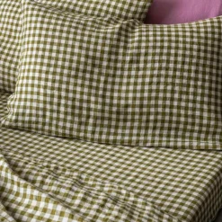 Botanical Green Gingham 100% Linen Pillowcases (Pair)