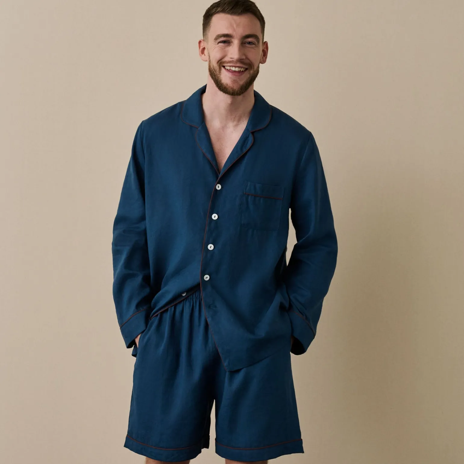 Men's Marine Blue Linen Pajama Short Set