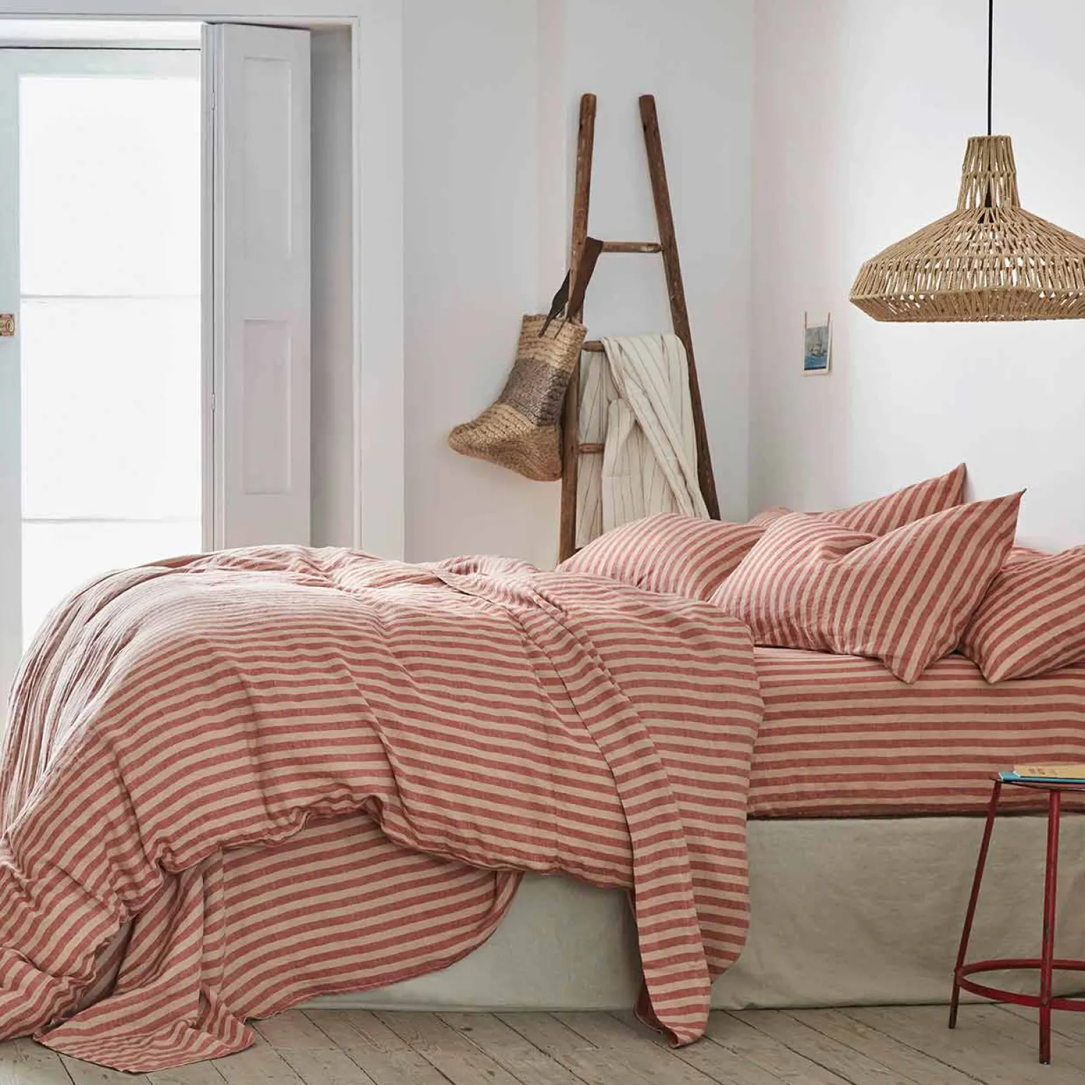 Sandstone Red Pembroke Stripe Linen Blend Flat Sheet