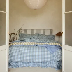 Warm Blue Gingham Linen Blend Flat Sheet