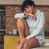 Warm Blue Gingham Linen Pajama Shorts Set
